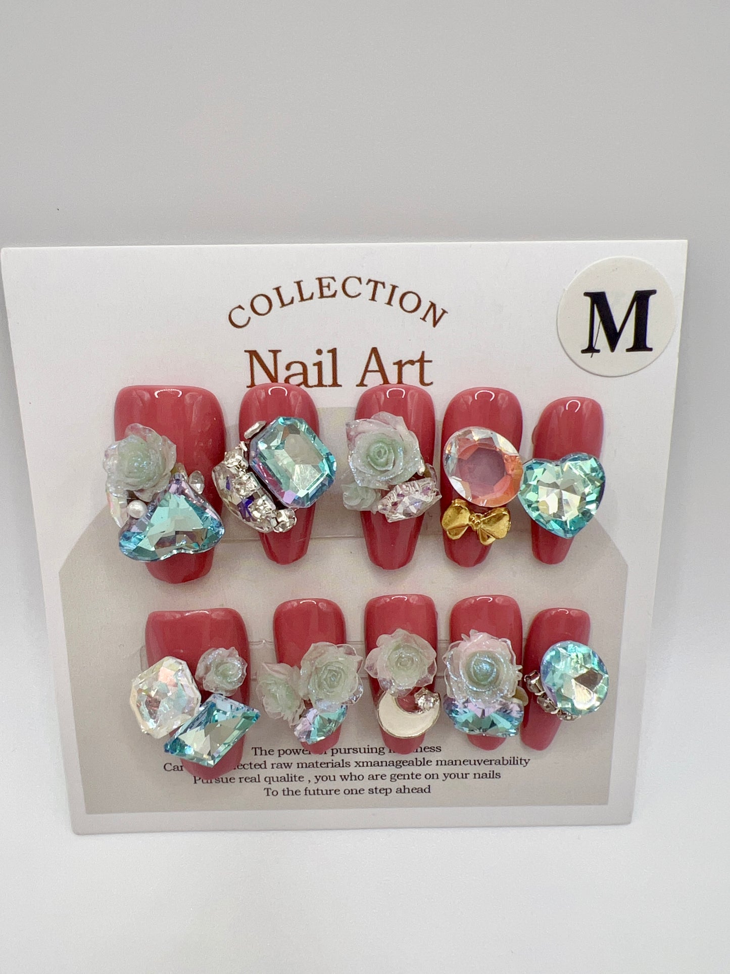 4 Sets Medium Coffin Press On Nails with Rhinestone and 2D Flower - Medium Size