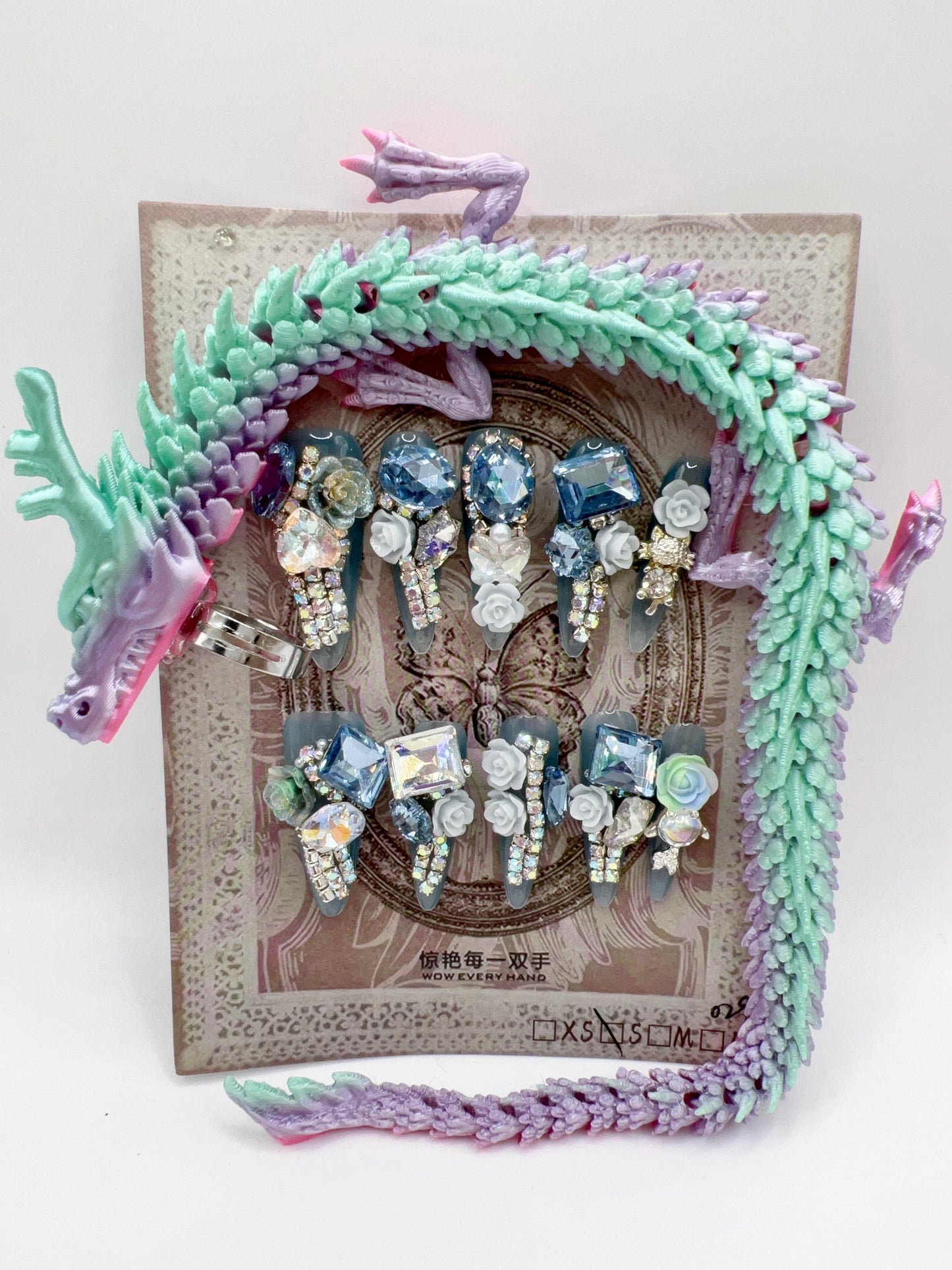 Luxury Rhinestone Press-On Nails with 3D Flower Charms & Dragon Rings – Long Stiletto, Small Size, Reusable