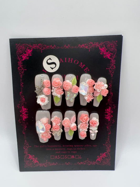 Long Coffin Press-On Nails with Luxury Flower Charms – Small Size