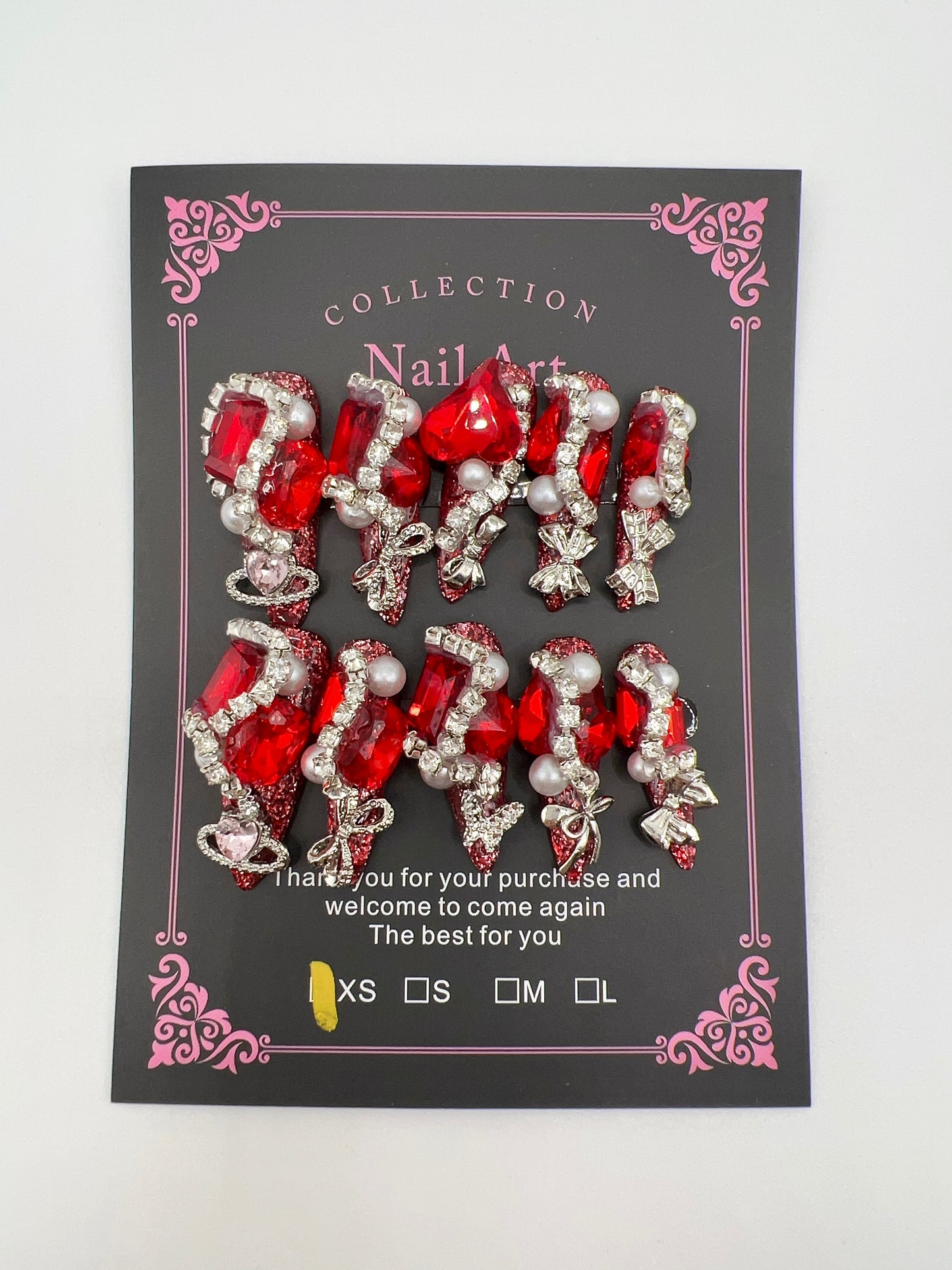 Luxury Rhinestone & Charm Press-On Nails – Glitter Stiletto Long Length, XS Size