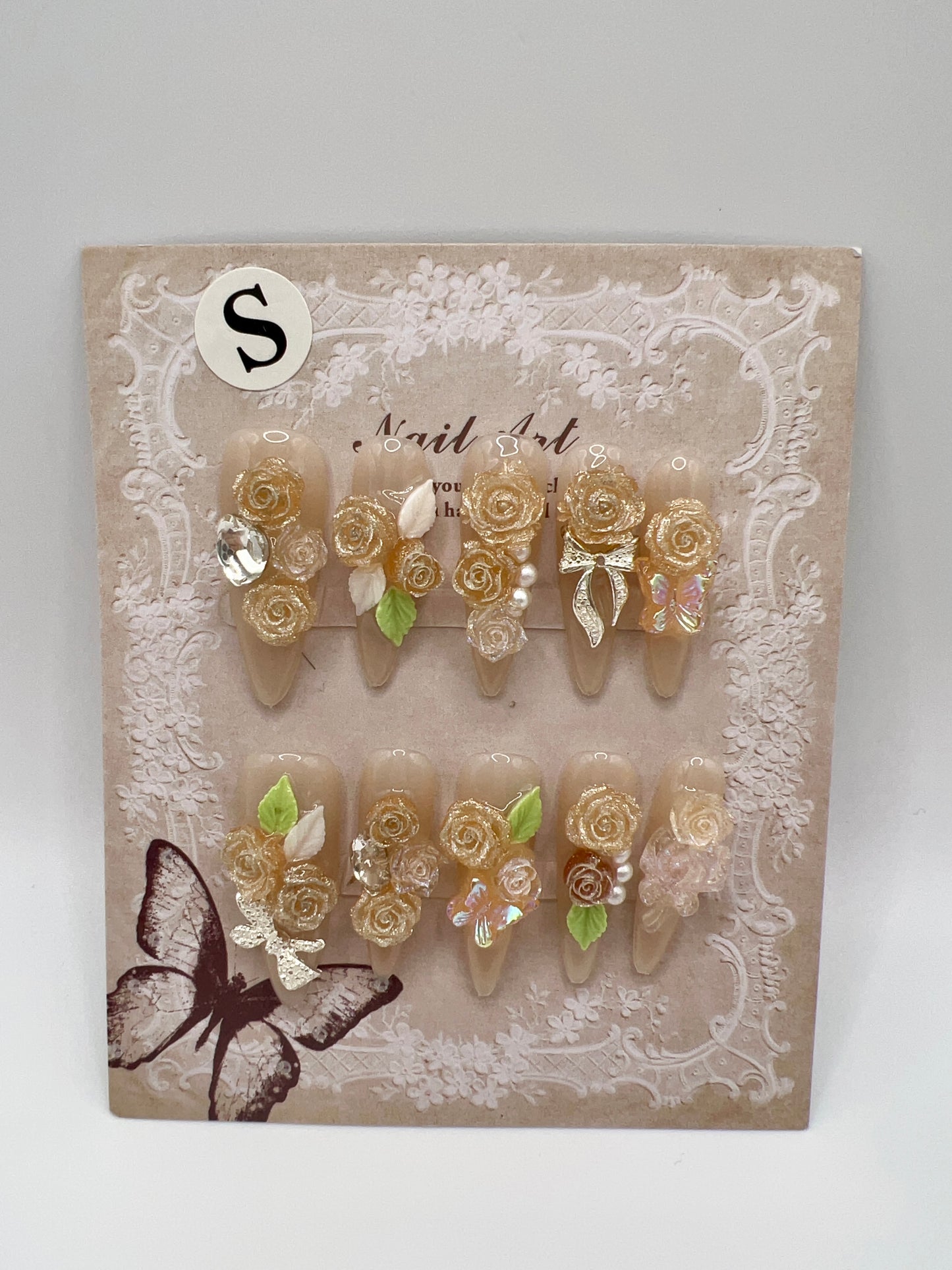 Purple Long Stiletto Press On Nails with Rhinestone 2D Flowers – Small Size