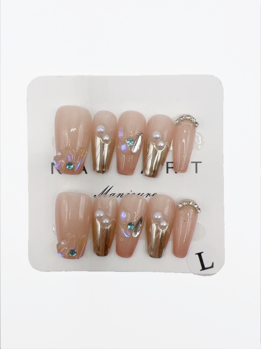 Medium Length Coffin Press On Nails with Rhinestone Gems – Large Size