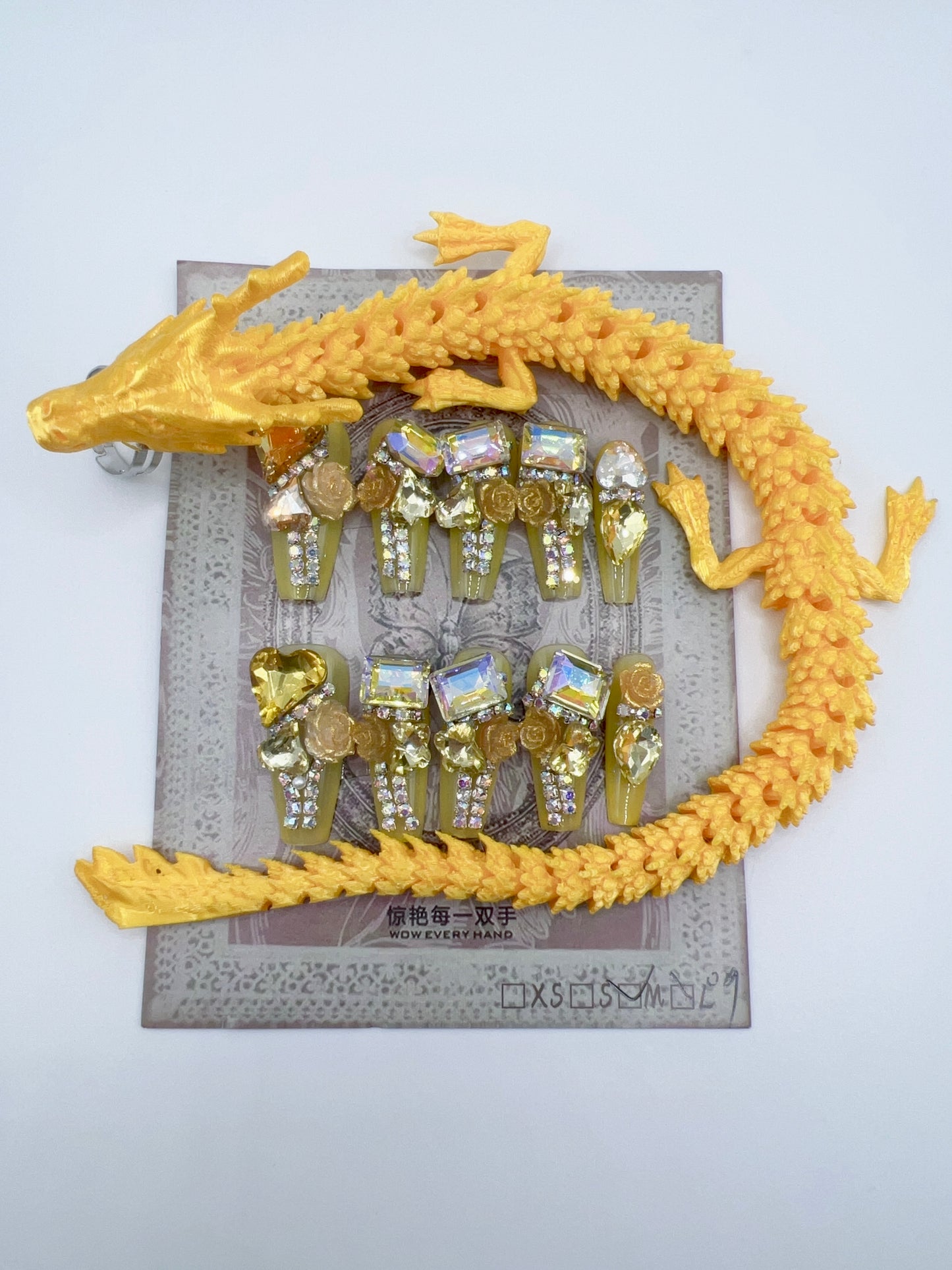 Luxury Rhinestone Press-On Nails with 3D Flower Charms & Dragon Rings – Long Coffin, Medium Size, Reusable