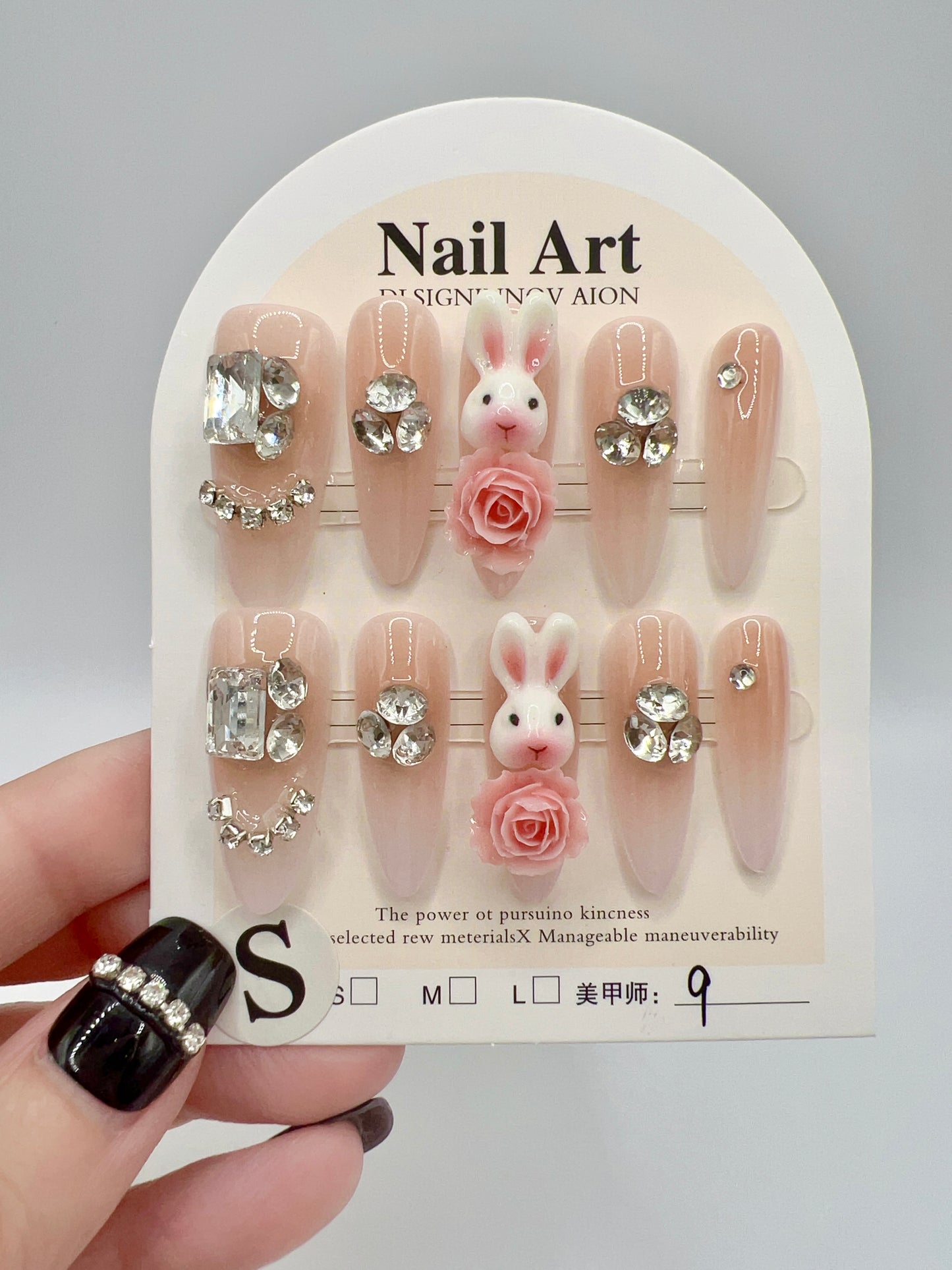 Long Oval Press-On Nails with Rhinestone, Bunny & 2D Flower Charms – Small Size