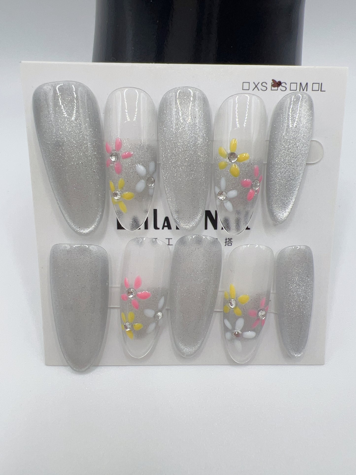 Long Oval Press On Nails with Rhinestone Charms – Glam Fake Nails, Medium Size, 10 Designs