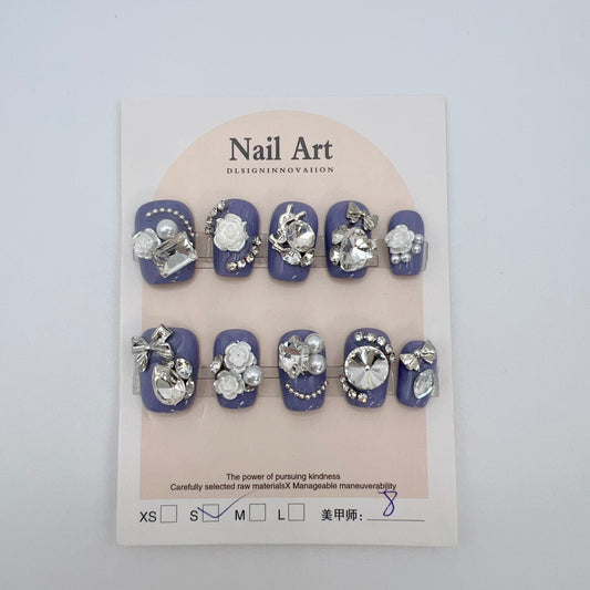 Short Square Press-On Nails with Heavy Rhinestones & 2D Flower Charms – Small Size