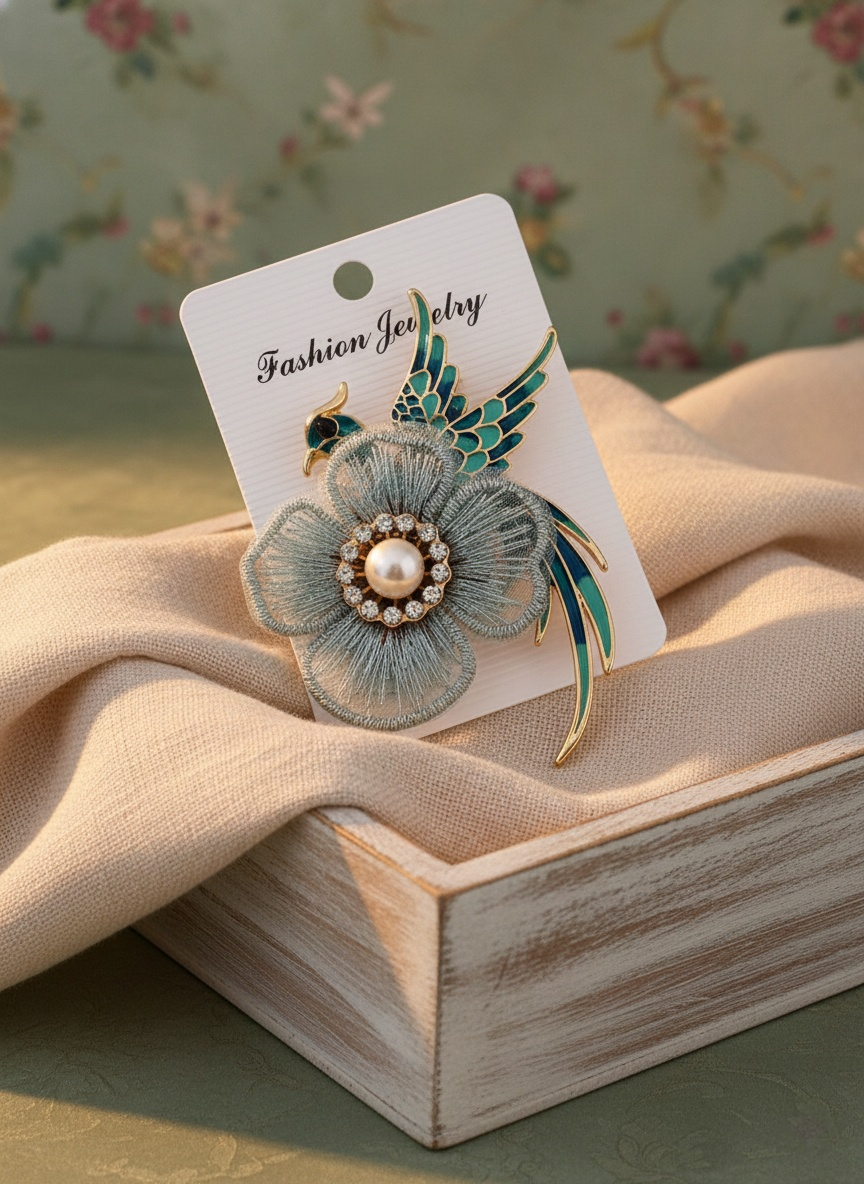 Luxury Bird Flower Brooch with Pearl & Rhinestone