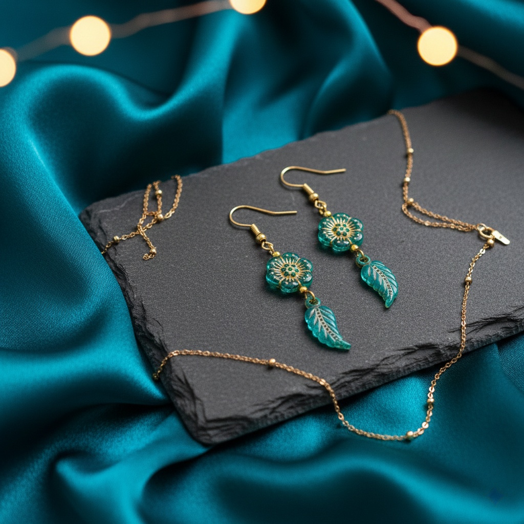 Elegant Czech Turquoise floral Leaf dangle Earrings