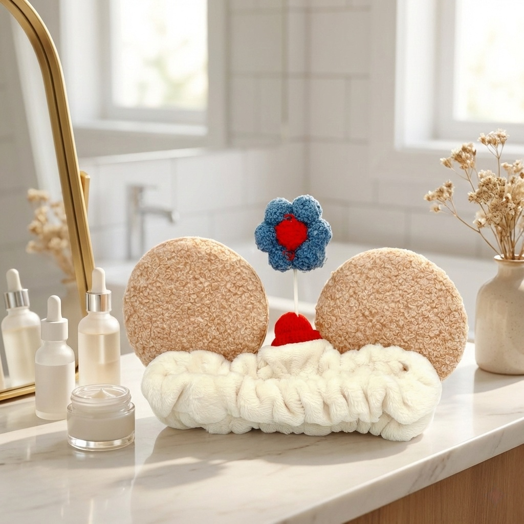 Plush Bear Ear with Flower hairbands – Cute Funny Shower & Spa Hair Wrap