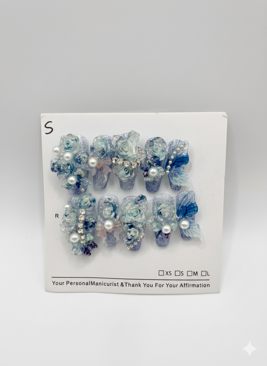 Luxury Medium Coffin Press-On Nails with 2D Flower & Pearl Charms