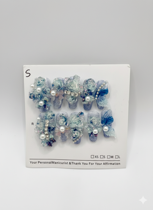 Luxury Medium Coffin Press-On Nails with 2D Flower & Pearl Charms