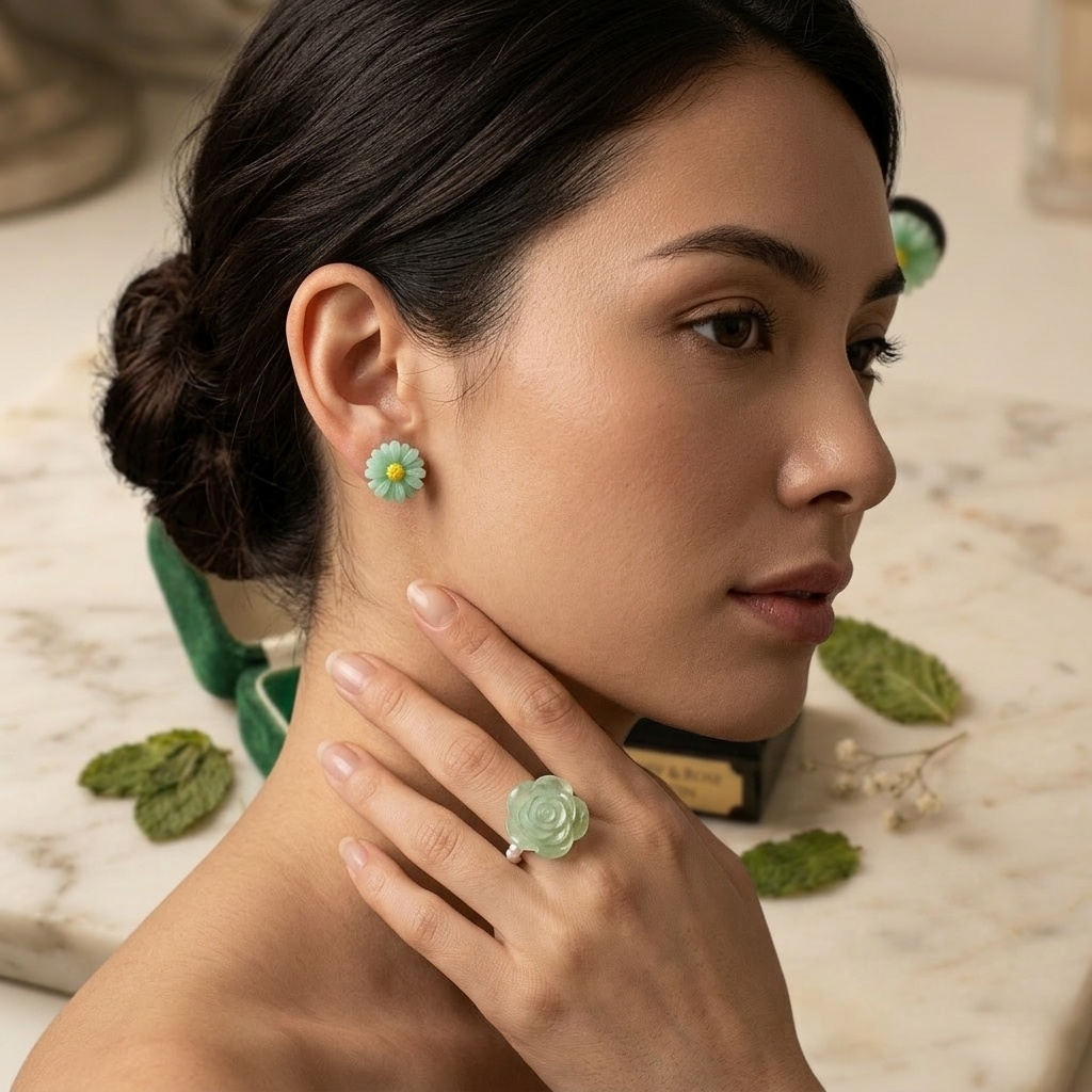 Flower Ring and Stud Earrings Jewelry Set for Women – Beaded Stretch Ring with Floral Stud Earrings Matching Jewelry