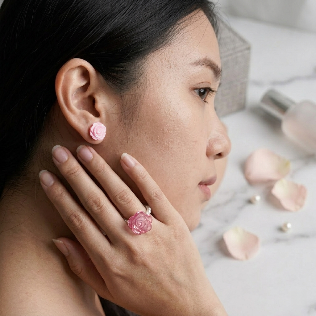 Flower Ring and Stud Earrings Jewelry Set for Women – Beaded Stretch Ring with Floral Stud Earrings Matching Jewelry