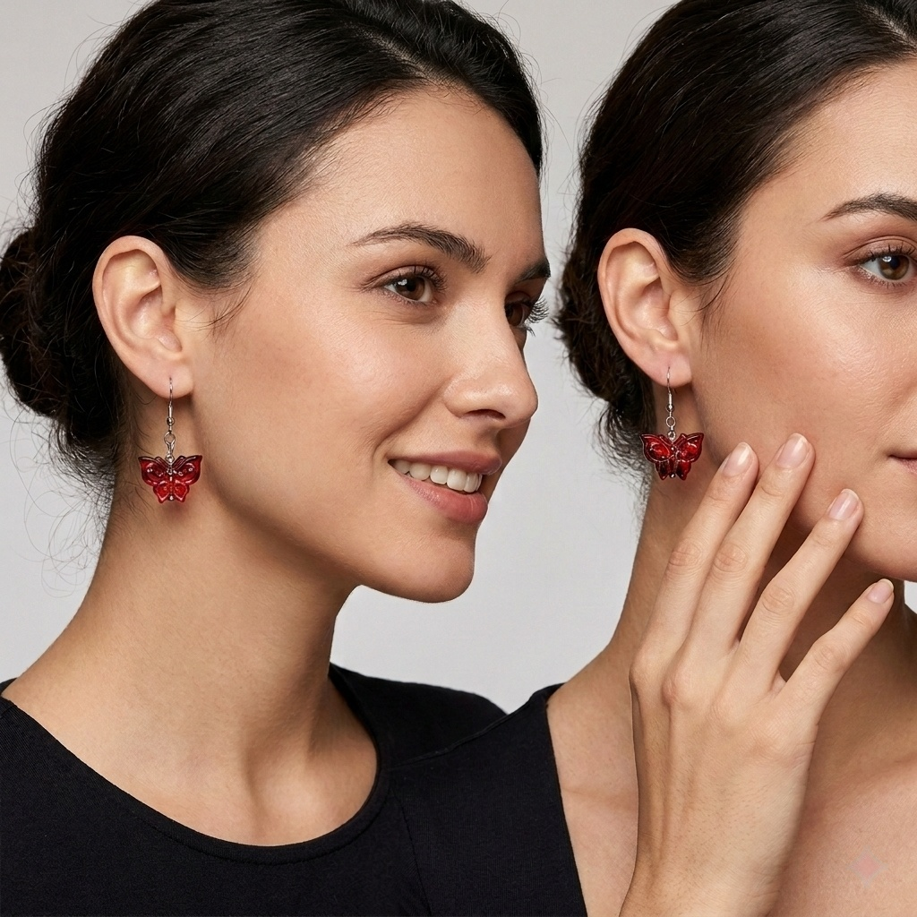 Red Butterfly Earrings with Vintage Gemstone Elastic Ring Set for Women – Beaded Silver Tone Jewelry