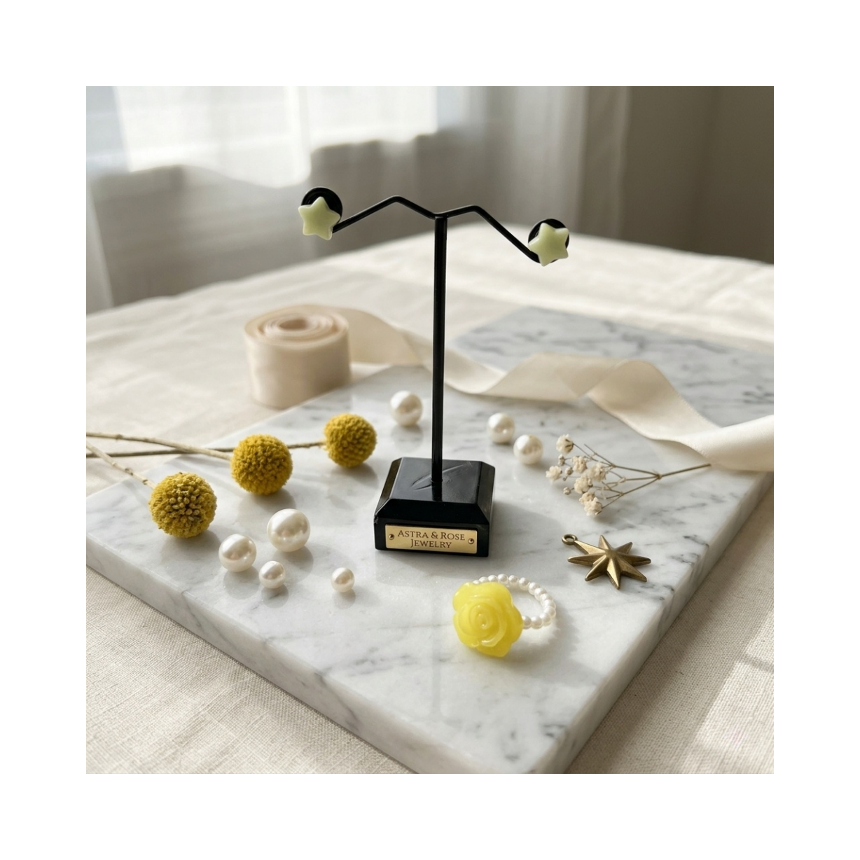 Flower Ring and Stud Earrings Jewelry Set for Women – Beaded Stretch Ring with Floral Stud Earrings Matching Jewelry