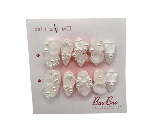 Luxury Almond Press-On Nails with Heavy Rhinestones & 2D Flower Charms – Small Size