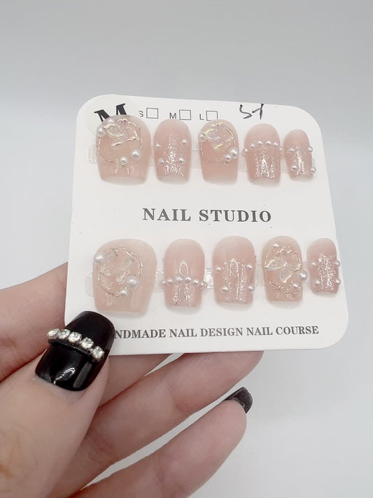 Pink Short Square Press On Nails with Rhinestone – Medium Size