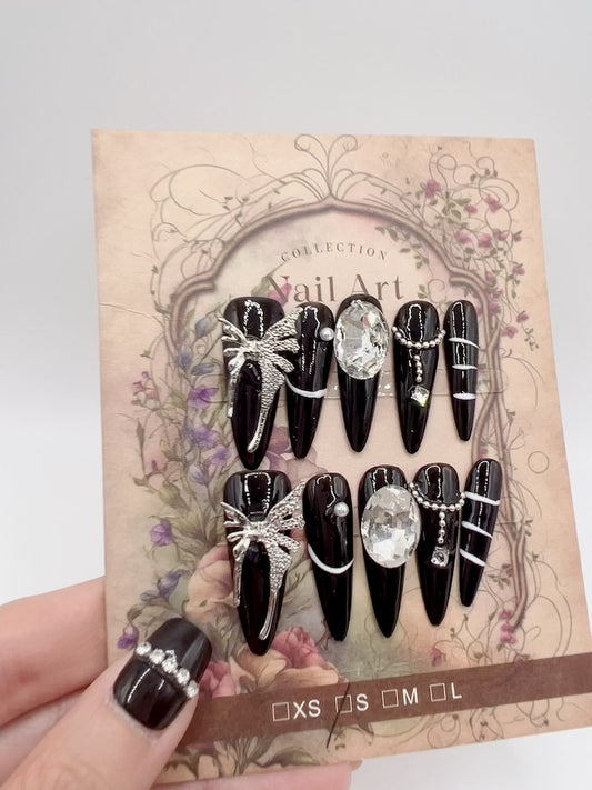 Long Stiletto Press On Nails with Rhinestones – Small Size