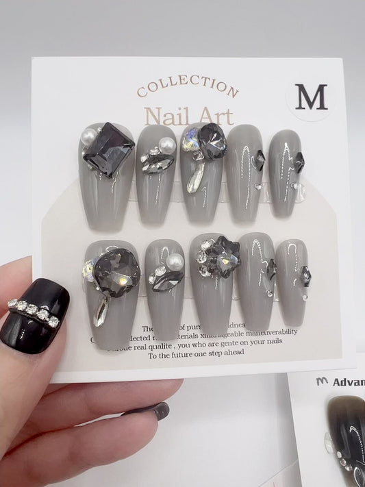 Medium Coffin Press On Nails with Rhinestone and Charms – Medium Size