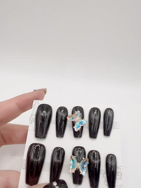 Medium Coffin Press On Nails with Rotatable Butterfly Charm