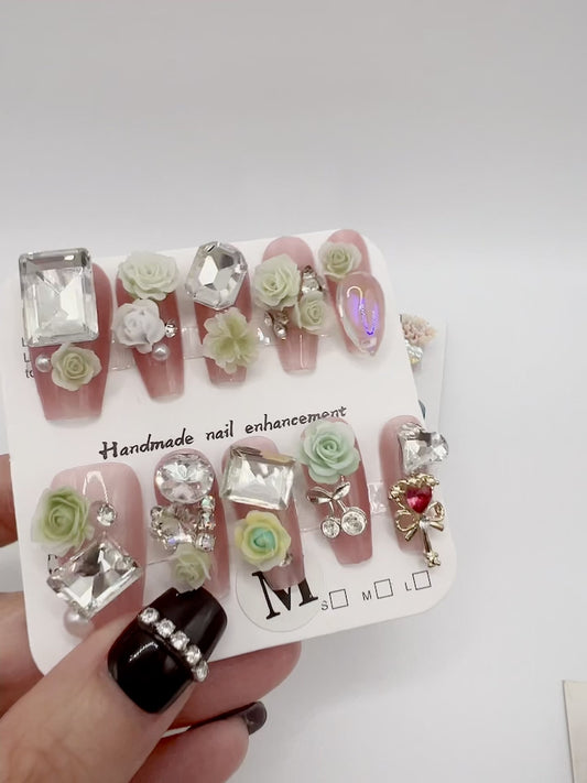 Glitter Medium Coffin Press On Nails with Rhinestone and 2D Flower Charms